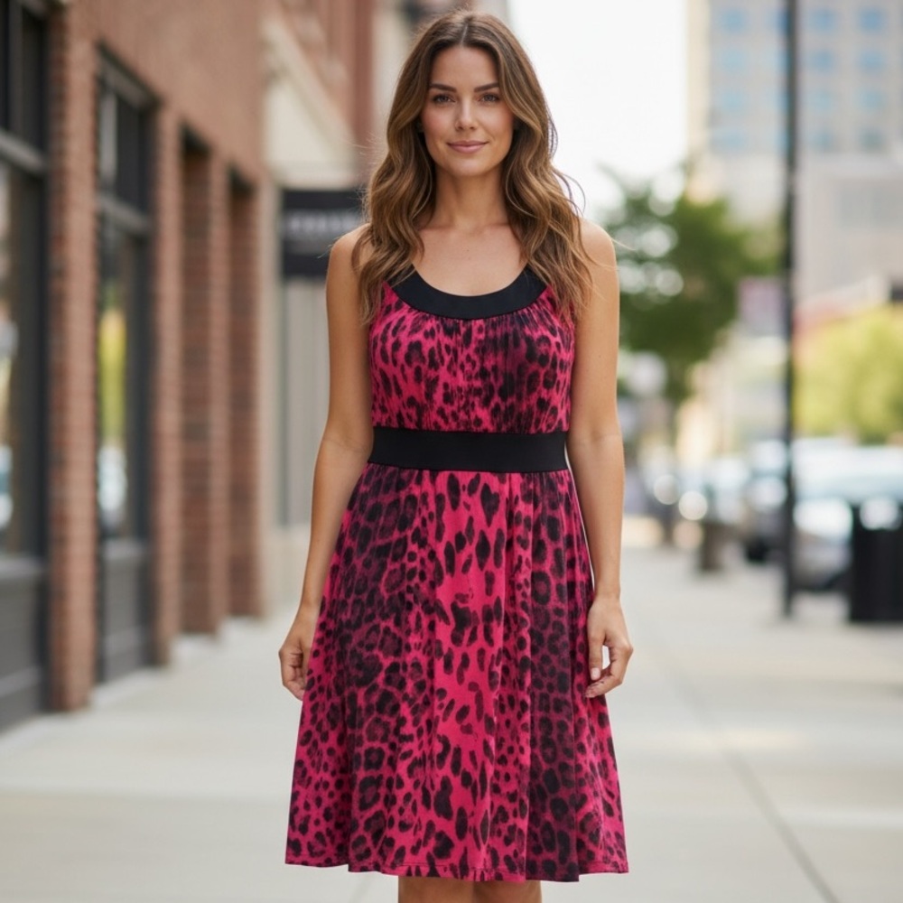 Ronni Nicole Pink and Black Leopard-Print Midi Dress